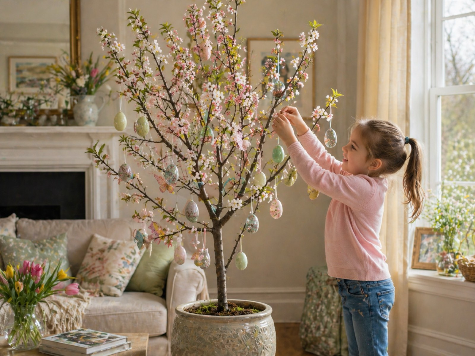 A child decorating a small potted blossom tree with painted eggs in a sunlit living room — fireplace and sofa behind her, the tree quietly the centrepiece of the room